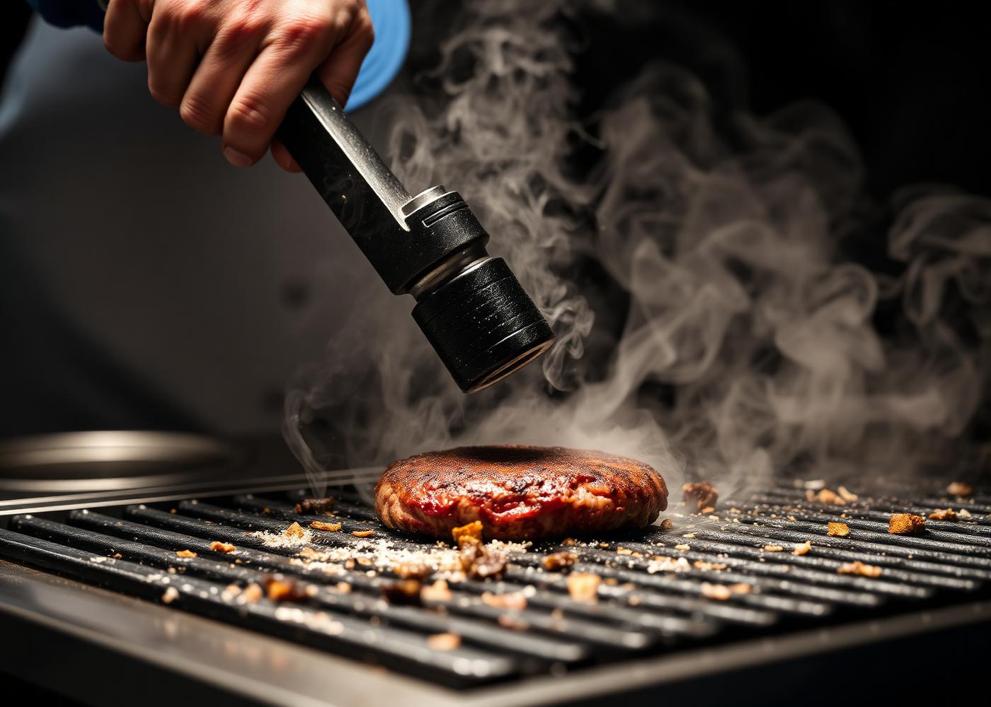 Chef smashing a patty on a hot flat top